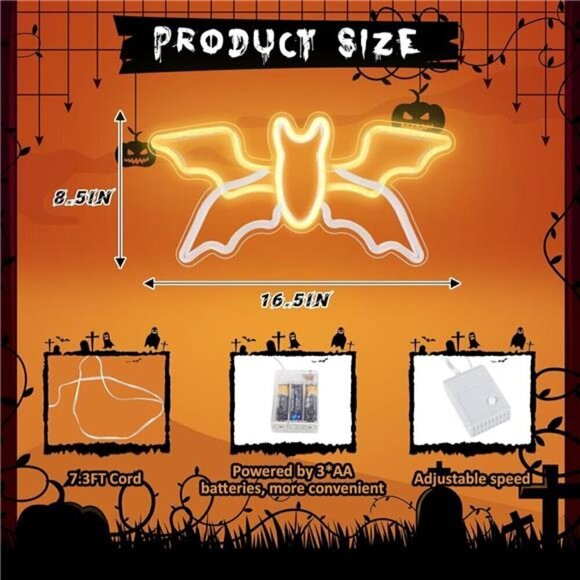 Halloween Neon Sign Flying Bat Light Adjustable Speed, Neon Halloween Decoration - Picture 2 of 8